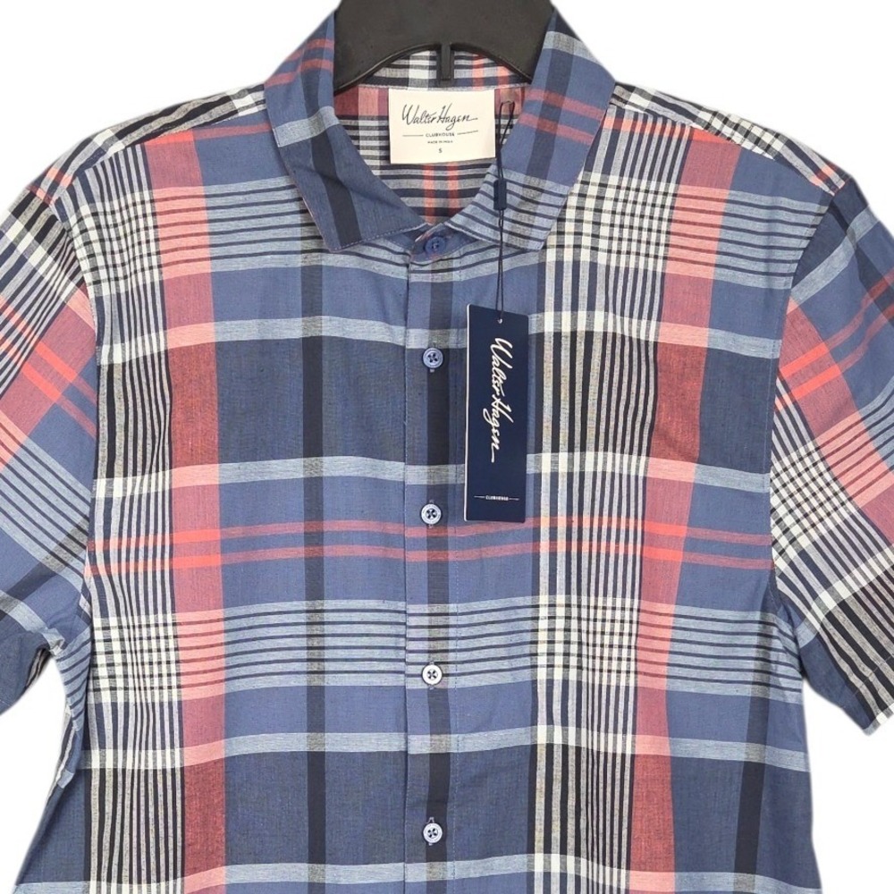 Walter Hagen Button Down Shirt Men Small Blue Plaid Short Sleeve Golf Casual NWT